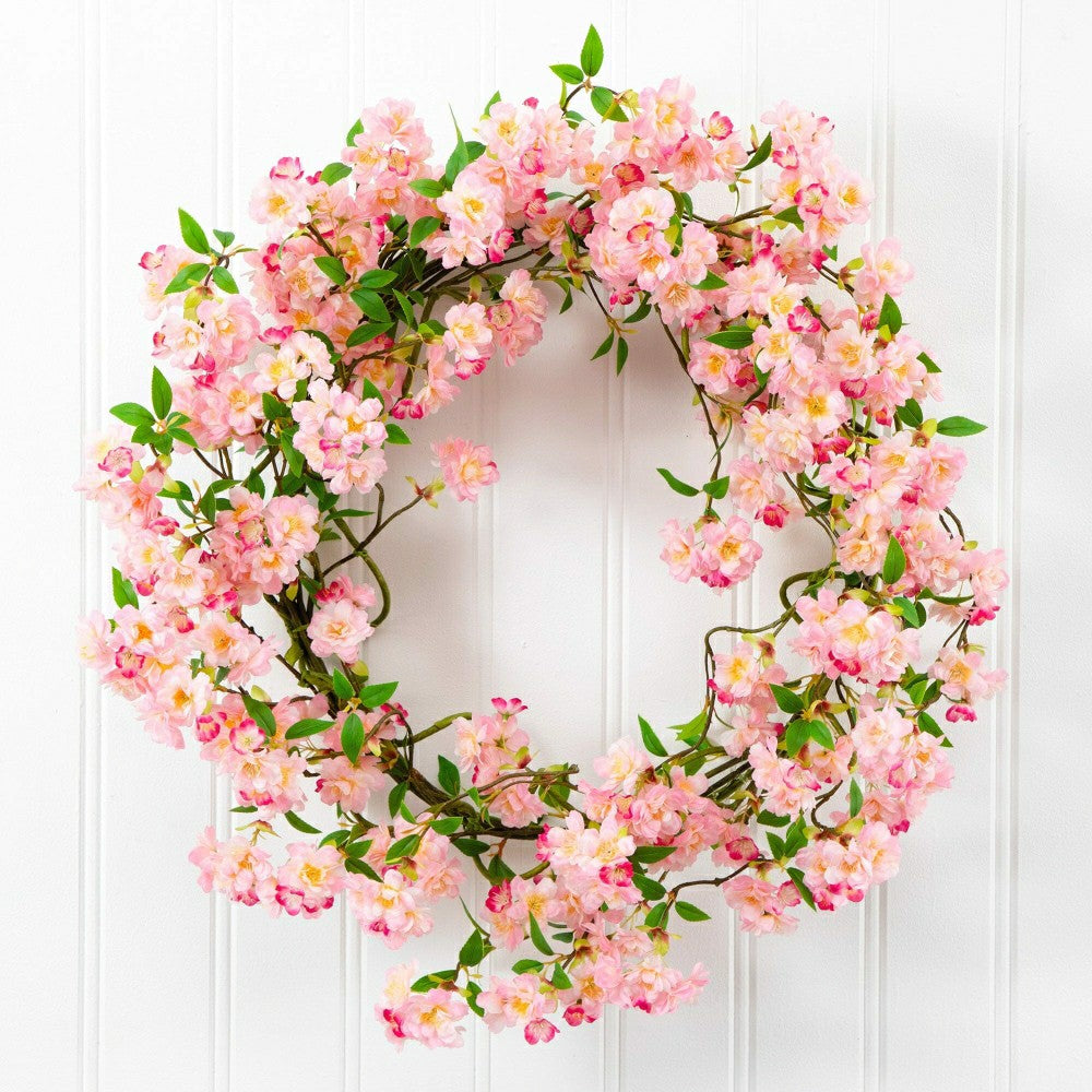 Plow & Hearth Artificial Pink Cherry Blossom Wreath, 30”
