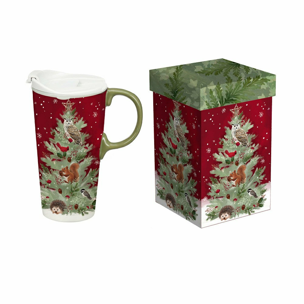 Plow & Hearth Winter Grove Travel Cup Ceramic Perfect Cup, Tree, 17oz, Gift Box