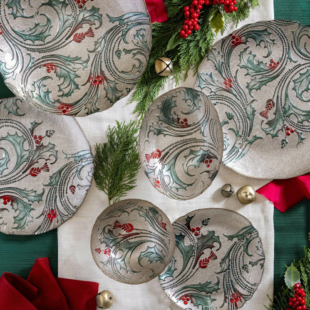 Plow & Hearth Joyful Traditions Holly and Berries 8.25" Glass Salad Plate, Set of 6