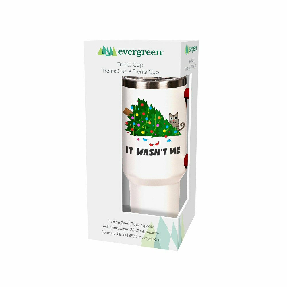Plow & Hearth Heartfelt Cheer Tumbler Stainless-Steel Trenta Cup w/ Straw, Cat, 30oz