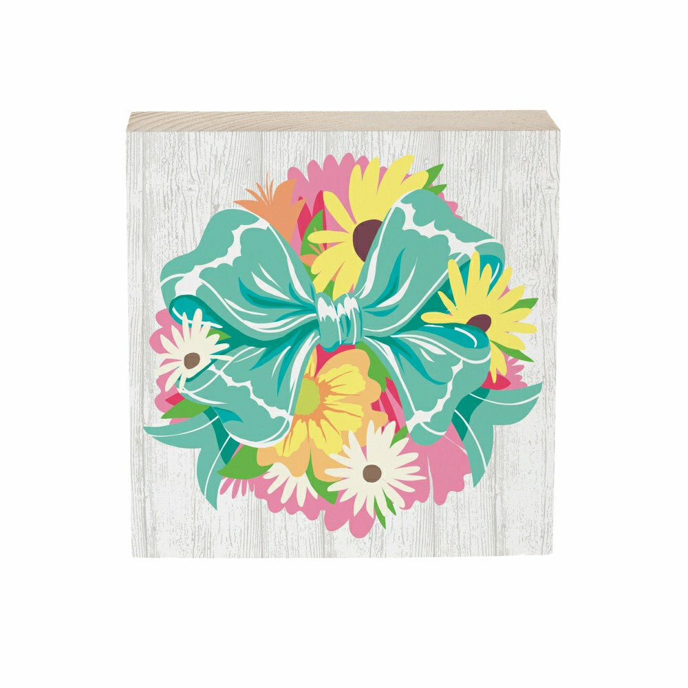 Plow & Hearth Bunny Blooms Floral Bow Sign Wood Block, 6"x6"