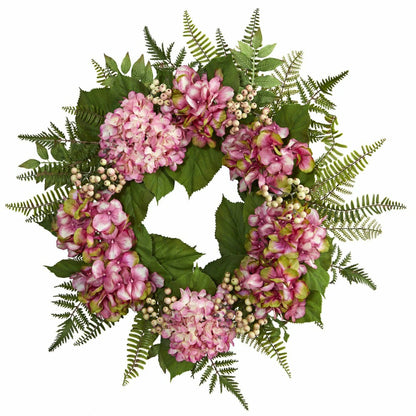 Plow & Hearth 24” Artificial Pink Hydrangea Berry Wreath