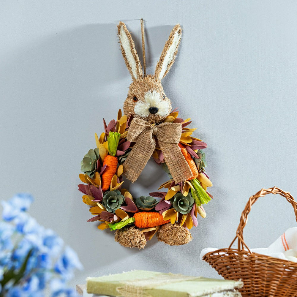 Plow & Hearth Hop Into Spring Faux Floral Hanging Decor Bunny with Carrots, 17.75"H