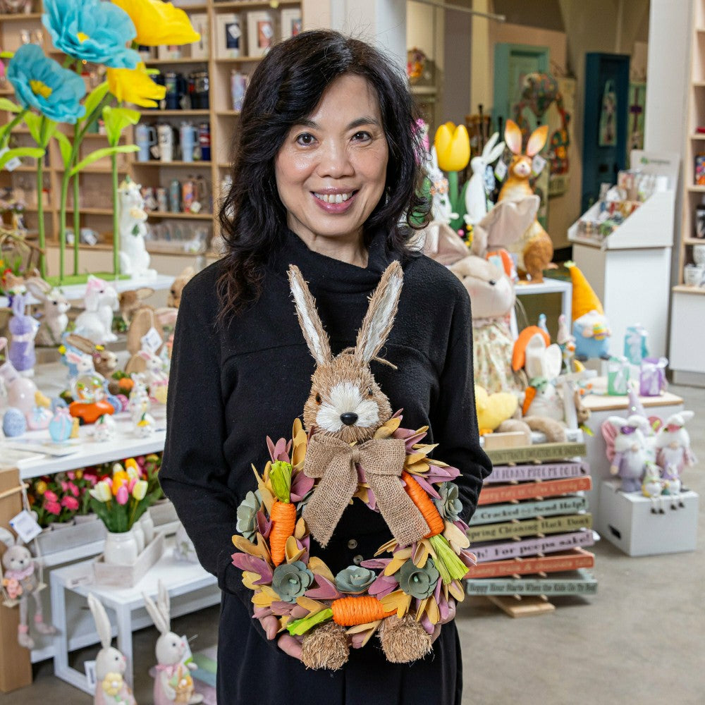 Plow & Hearth Hop Into Spring Faux Floral Hanging Decor Bunny with Carrots, 17.75"H