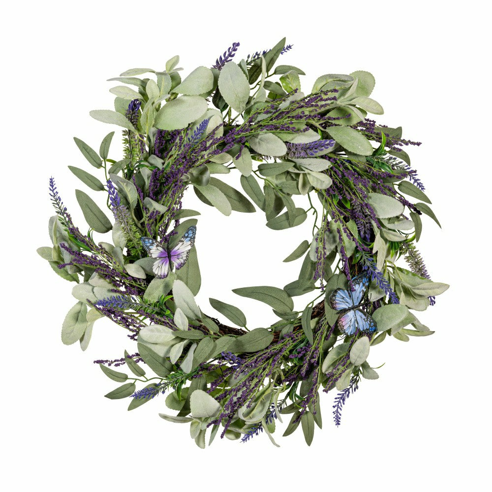 Plow & Hearth Cottage Garden Wreath Artificial Lavender with Butterflies, 21.5"