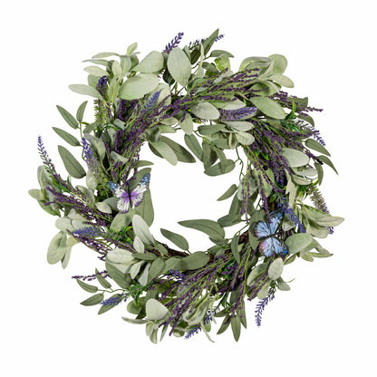 Plow & Hearth Cottage Garden Wreath Artificial Lavender with Butterflies, 21.5"