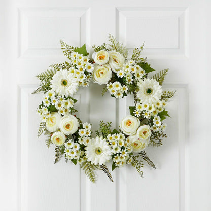Plow & Hearth 24” Mixed Daisy’s and Ranunculus Wreath