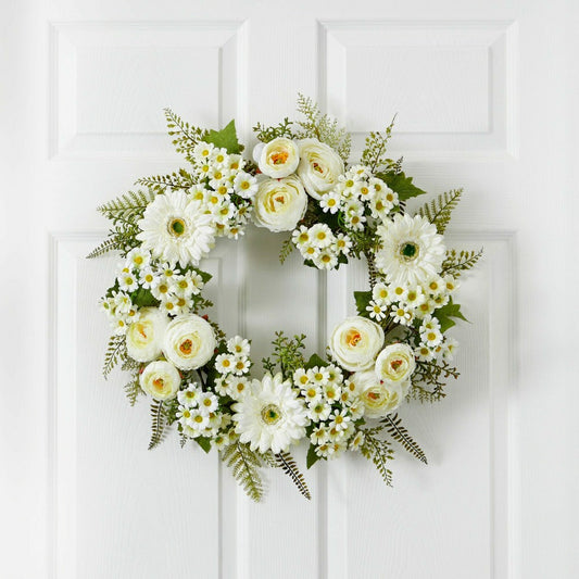 Plow & Hearth 24” Mixed Daisy’s and Ranunculus Wreath