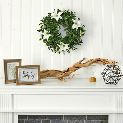 Plow & Hearth 18” Eucalyptus and Lily Double Ring Artificial Wreath with Twig Base
