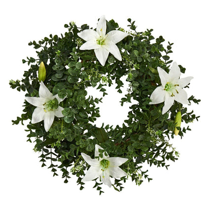Plow & Hearth 18” Eucalyptus and Lily Double Ring Artificial Wreath with Twig Base