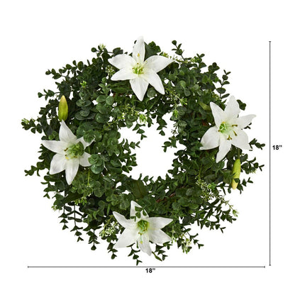 Plow & Hearth 18” Eucalyptus and Lily Double Ring Artificial Wreath with Twig Base