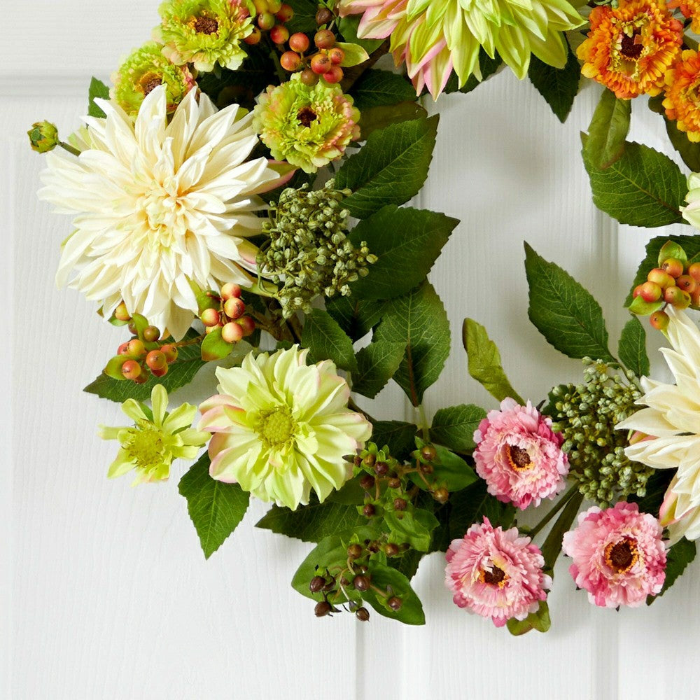 Plow & Hearth Spring Vibe Dahlia & Mum Wreath, 22”