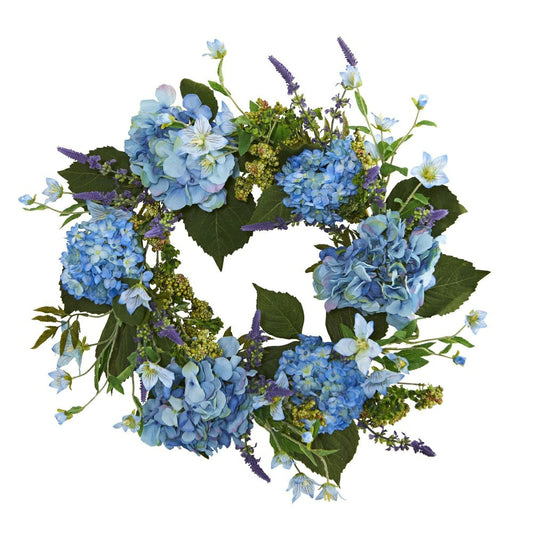 Plow & Hearth Blue Hydrangea Artificial Wreath, 24"