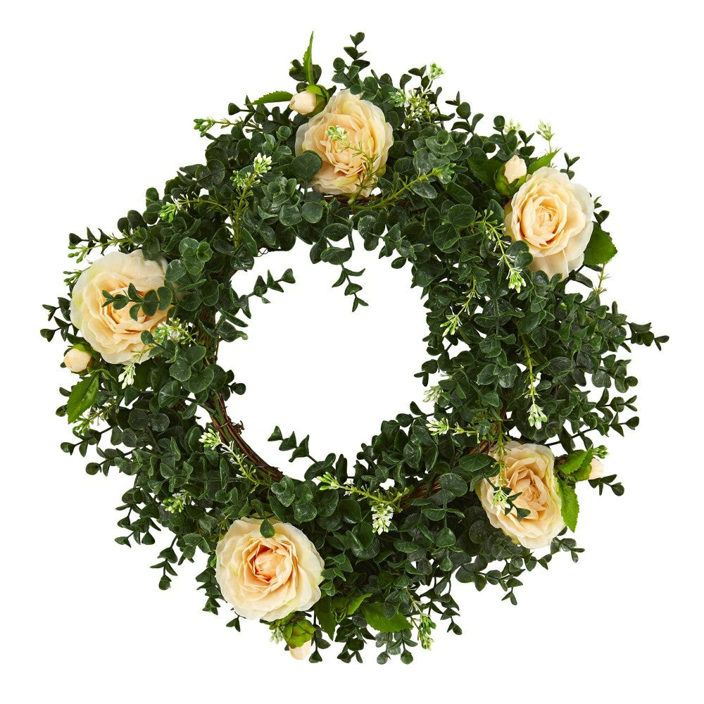 Plow & Hearth Eucalyptus and Camellia Artificial Wreath, 18”