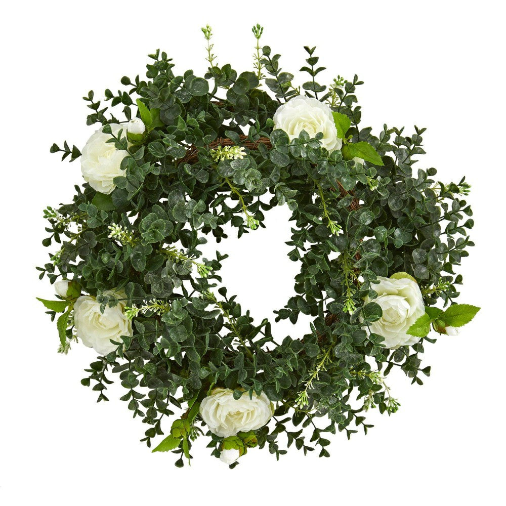 Plow & Hearth Eucalyptus and Camellia Artificial Wreath, 18”