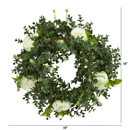 Plow & Hearth Eucalyptus and Camellia Artificial Wreath, 18”