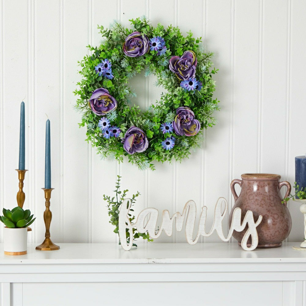 Plow & Hearth Purple Rose, Blue Daisy and Greens Artificial Wreath, 22”