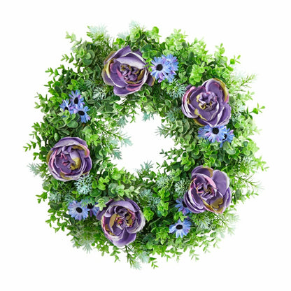 Plow & Hearth Purple Rose, Blue Daisy and Greens Artificial Wreath, 22”