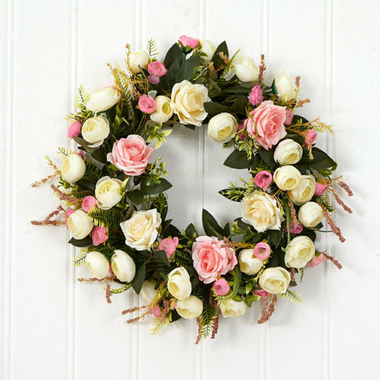 Plow & Hearth White & Pink Rose Artificial Wreath, 20”