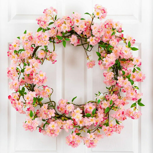 Plow & Hearth Artificial Pink Cherry Blossom Wreath, 30”