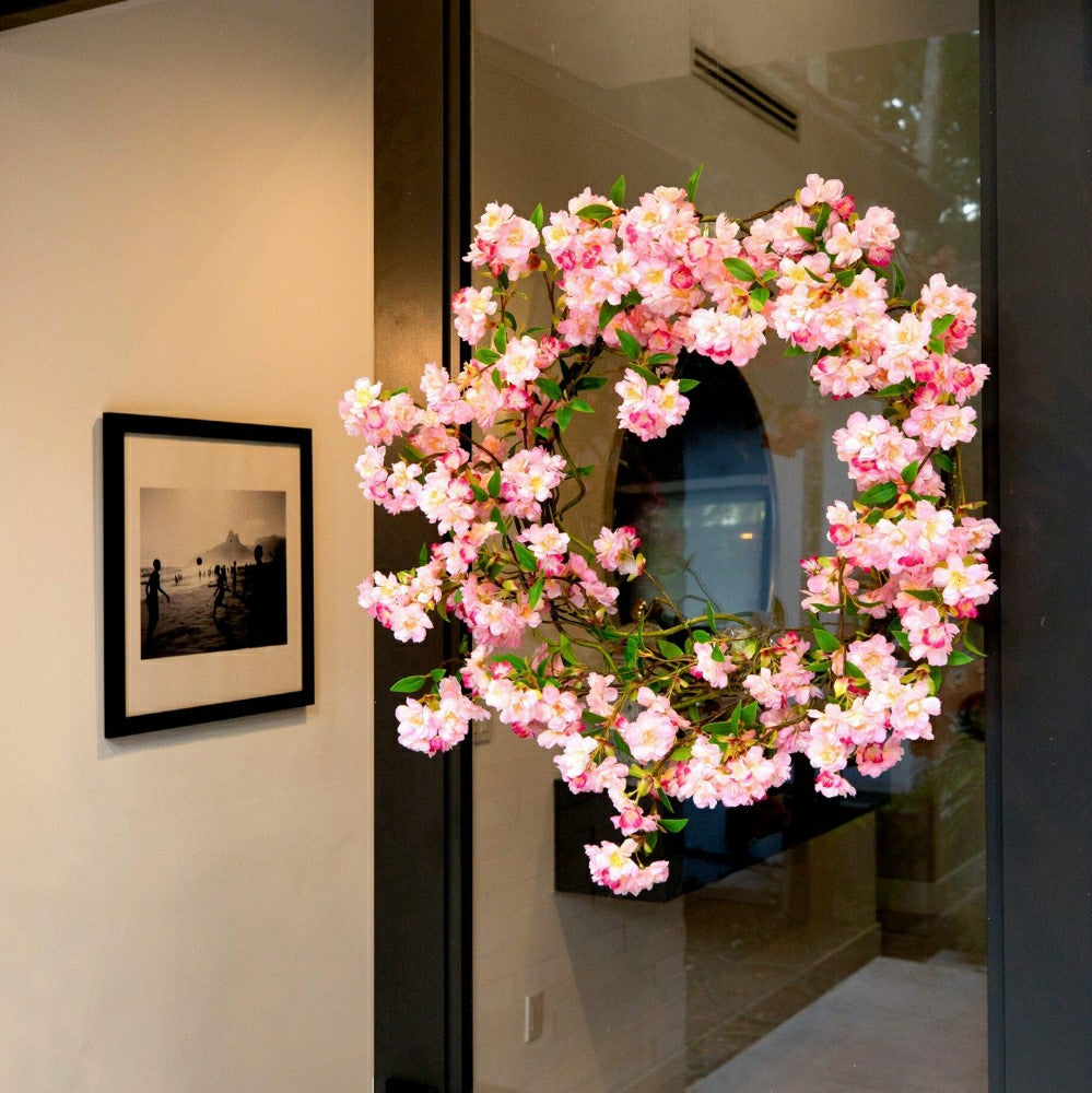 Plow & Hearth Artificial Pink Cherry Blossom Wreath, 30”