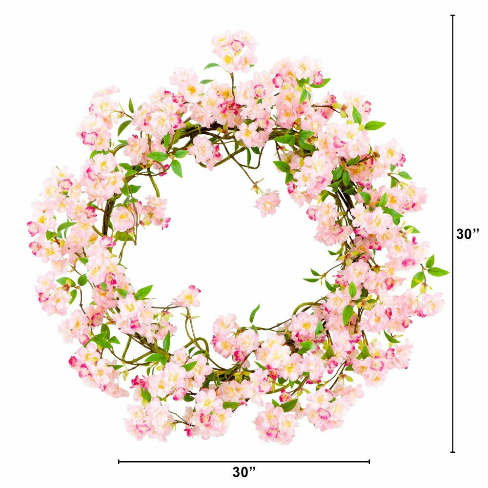 Plow & Hearth Artificial Pink Cherry Blossom Wreath, 30”