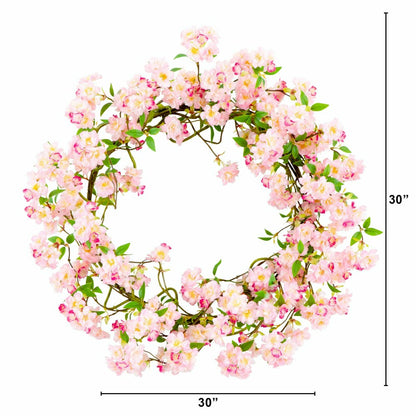 Plow & Hearth Artificial Pink Cherry Blossom Wreath, 30”