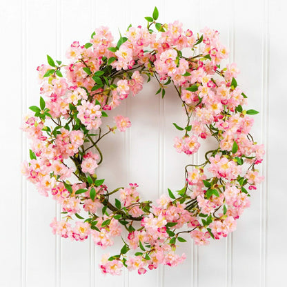 Plow & Hearth Artificial Pink Cherry Blossom Wreath, 30”