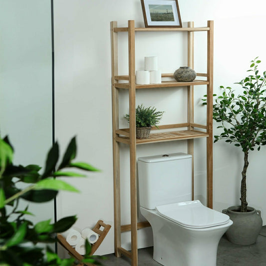 Plow & Hearth Savannah Natural Teak Bathroom Indoor/Outdoor Toilet Storage Rack