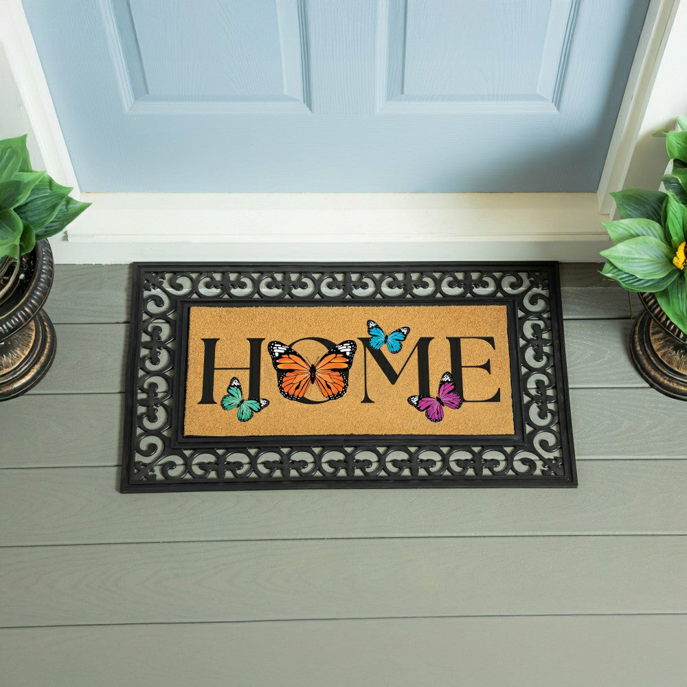Plow & Hearth Pollinator Garden Butterfly Family, Flocked Coir Sassafras Switch Mat