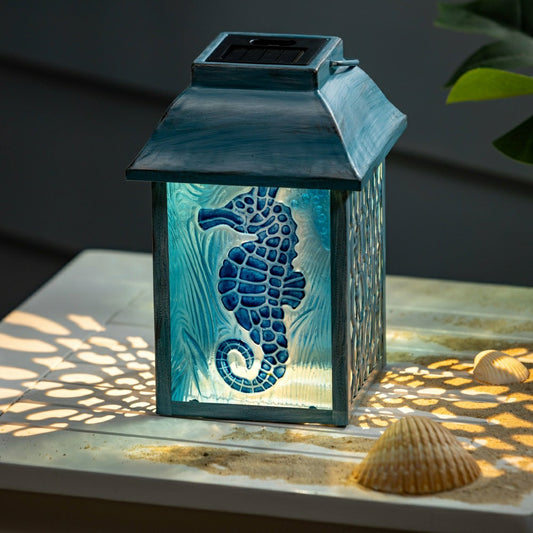 Plow & Hearth Seaside Retreat Outdoor Lamp & Lighting Glass Seahorse Solar Lantern