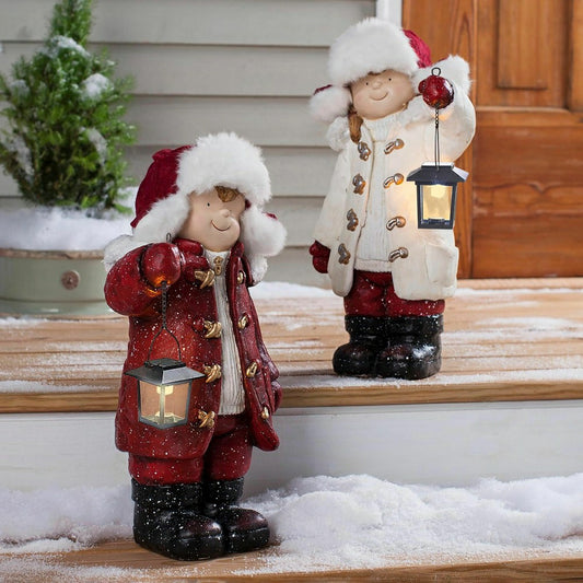 Plow & Hearth Wintertime Children with Lanterns Solar Garden Statues, Set of 2