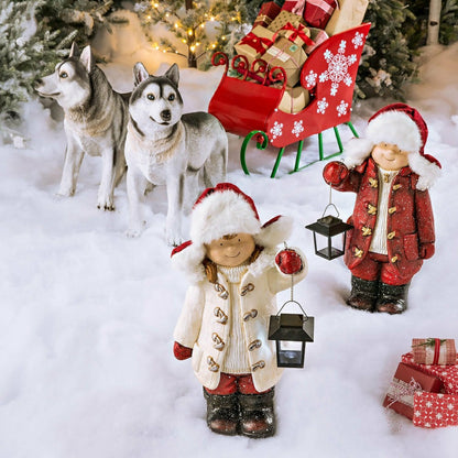 Plow & Hearth Wintertime Children with Lanterns Solar Garden Statues, Set of 2