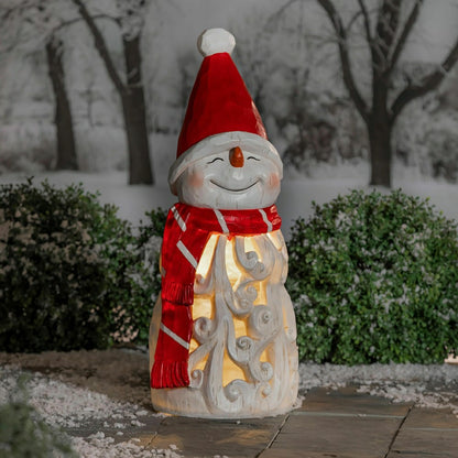 Plow & Hearth Carved Lighted Holiday Snowman Statue