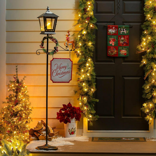 Plow & Hearth Howdy Holidays Garden Statue, LED Metal Statue, Lamp Post, 71"H