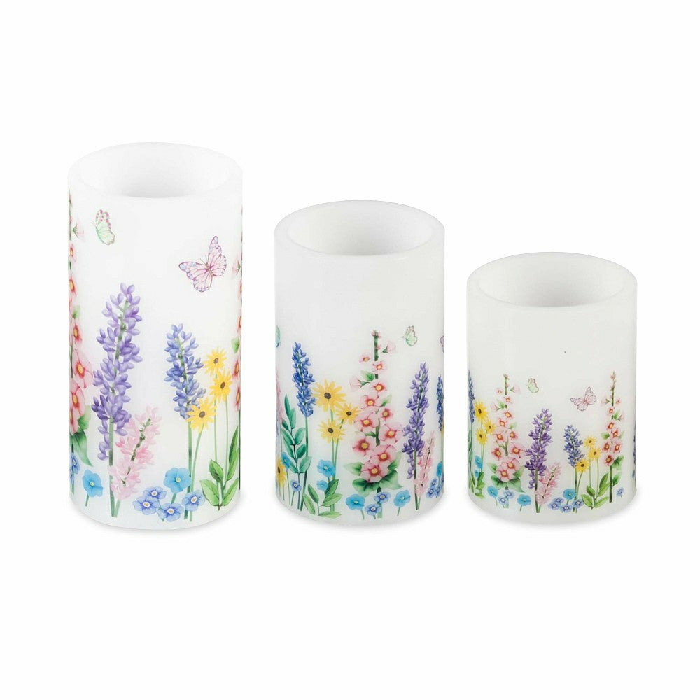 Plow & Hearth Flameless Pillar Candles with Floral Designs, Set of 3