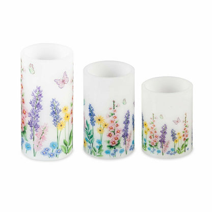 Plow & Hearth Flameless Pillar Candles with Floral Designs, Set of 3