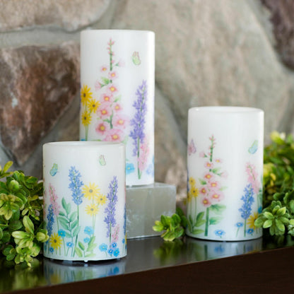 Plow & Hearth Flameless Pillar Candles with Floral Designs, Set of 3