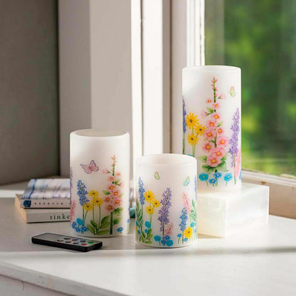 Plow & Hearth Flameless Pillar Candles with Floral Designs, Set of 3