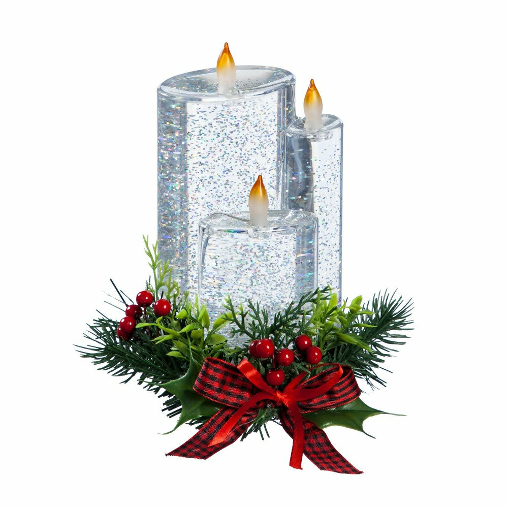 Plow & Hearth 8" LED Spinning Water Candle with Artificial and Bow