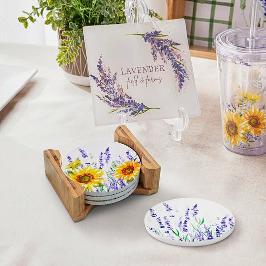 Plow & Hearth Lavender Fields Round Coasters w/ Caddy, Set of 4, Gift Box
