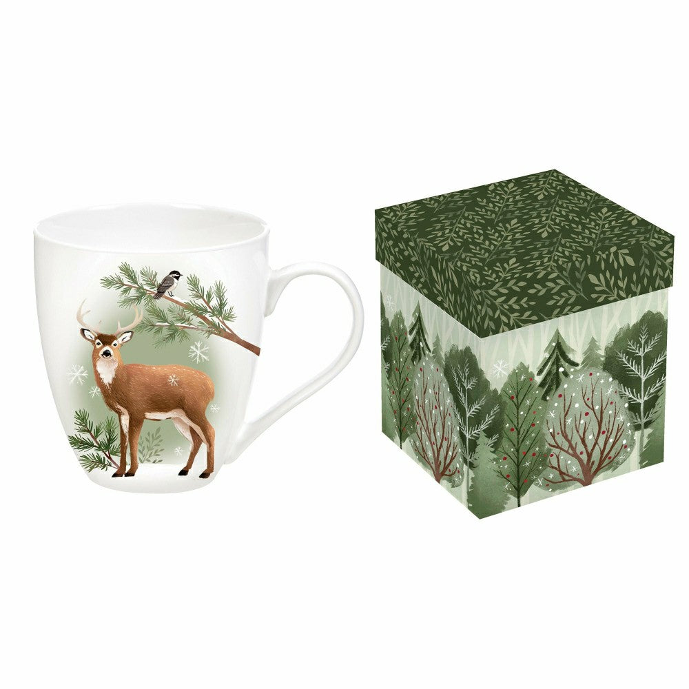 Plow & Hearth Woodland Storybook Coffee Cup Ceramic Cup O' Java, Deer, 17oz, Gift Bo