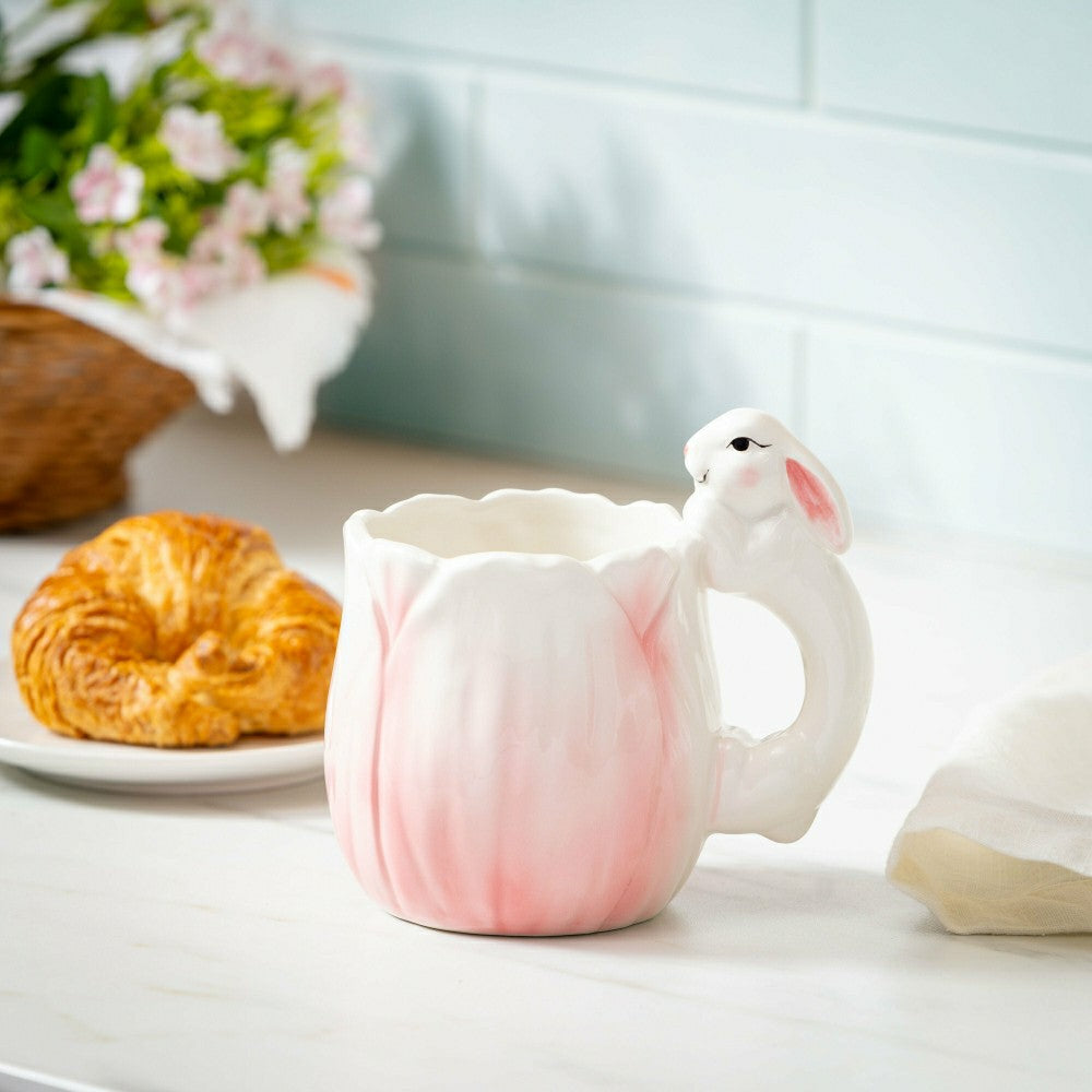 Plow & Hearth Bunny Blooms Coffee Cup Ceramic Sculpted Flower with Bunny Handle, 17.