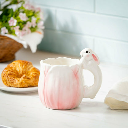 Plow & Hearth Bunny Blooms Coffee Cup Ceramic Sculpted Flower with Bunny Handle, 17.