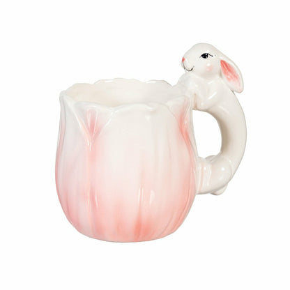 Plow & Hearth Bunny Blooms Coffee Cup Ceramic Sculpted Flower with Bunny Handle, 17.