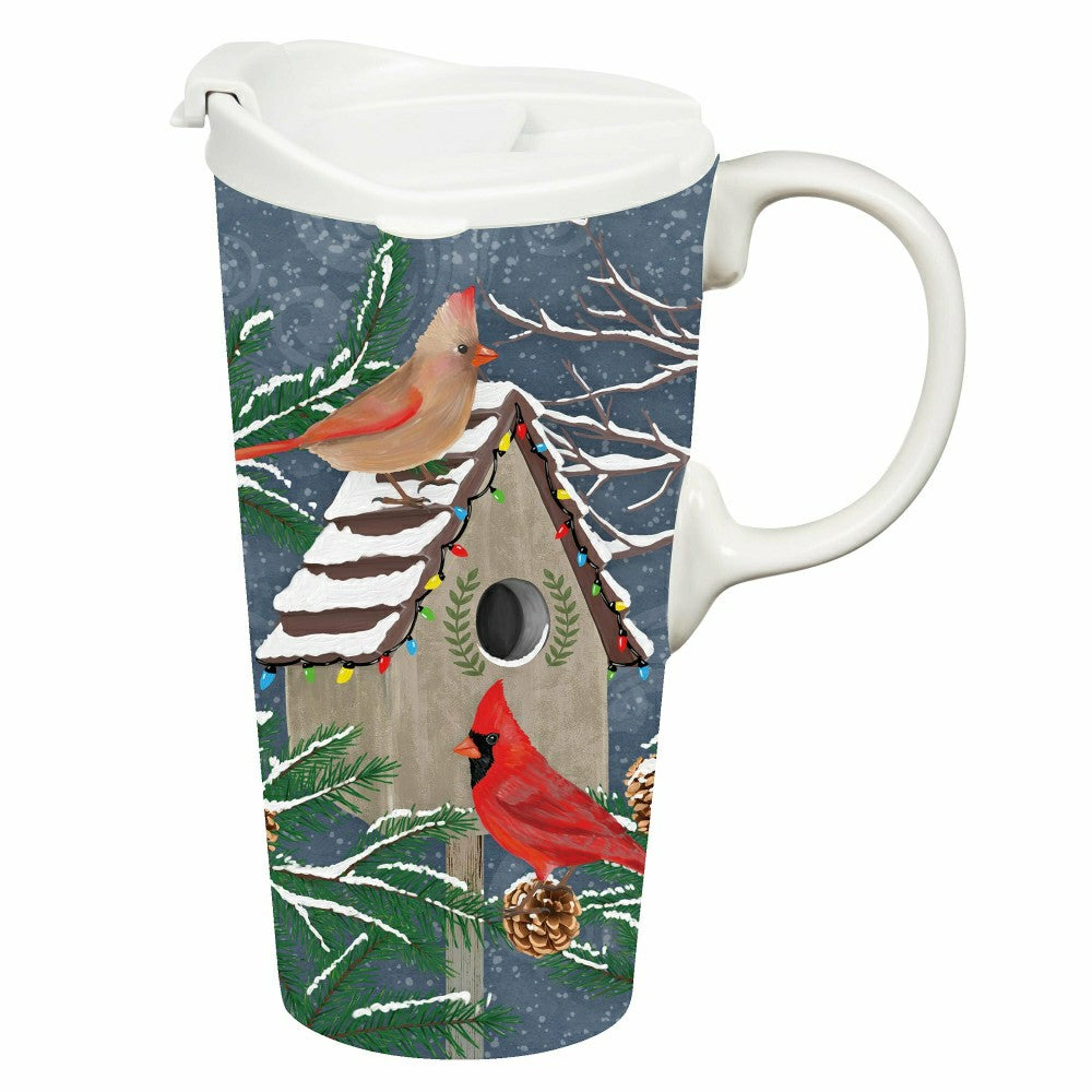 Plow & Hearth Snowbirds Travel Cup Ceramic Perfect Cup, Cardinal Home, 17oz, Gift Bo