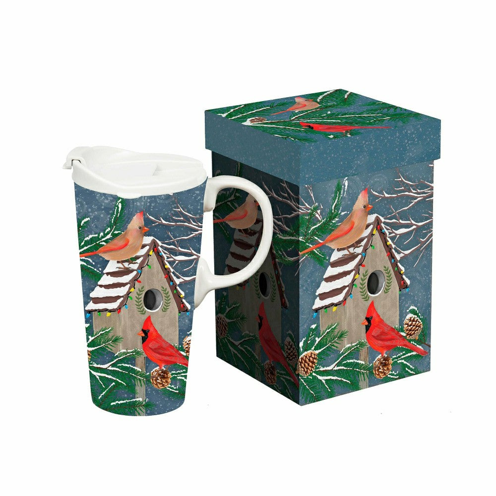 Plow & Hearth Snowbirds Travel Cup Ceramic Perfect Cup, Cardinal Home, 17oz, Gift Bo
