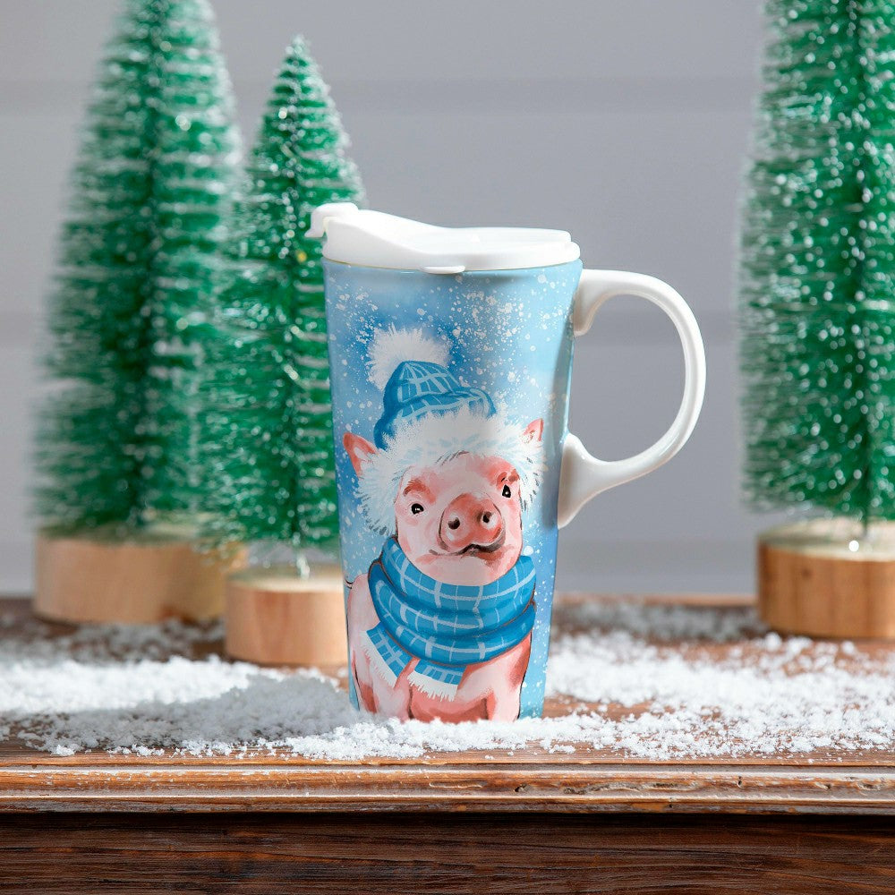 Plow & Hearth Holly Homestead Travel Cup Ceramic Perfect Cup, Pig, 17oz, Gift Box
