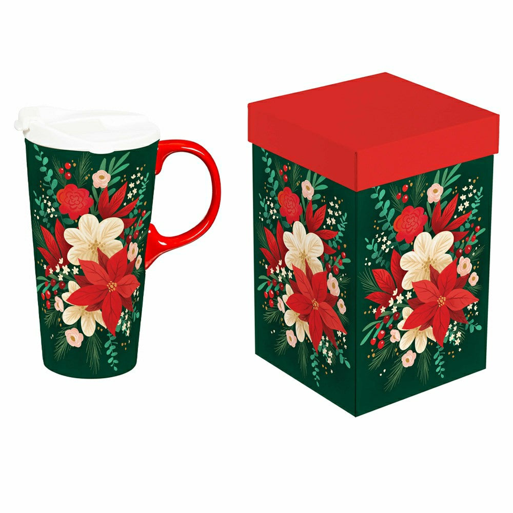 Plow & Hearth Holiday Poinsettia Travel Cup Ceramic Perfect Cup, Poinsettia Bouquet,