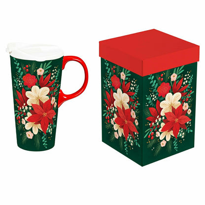 Plow & Hearth Holiday Poinsettia Travel Cup Ceramic Perfect Cup, Poinsettia Bouquet,